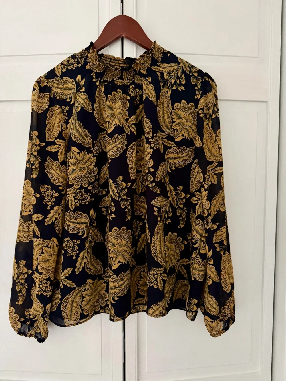 J. Crew Navy Blouse with Gold Floral Print